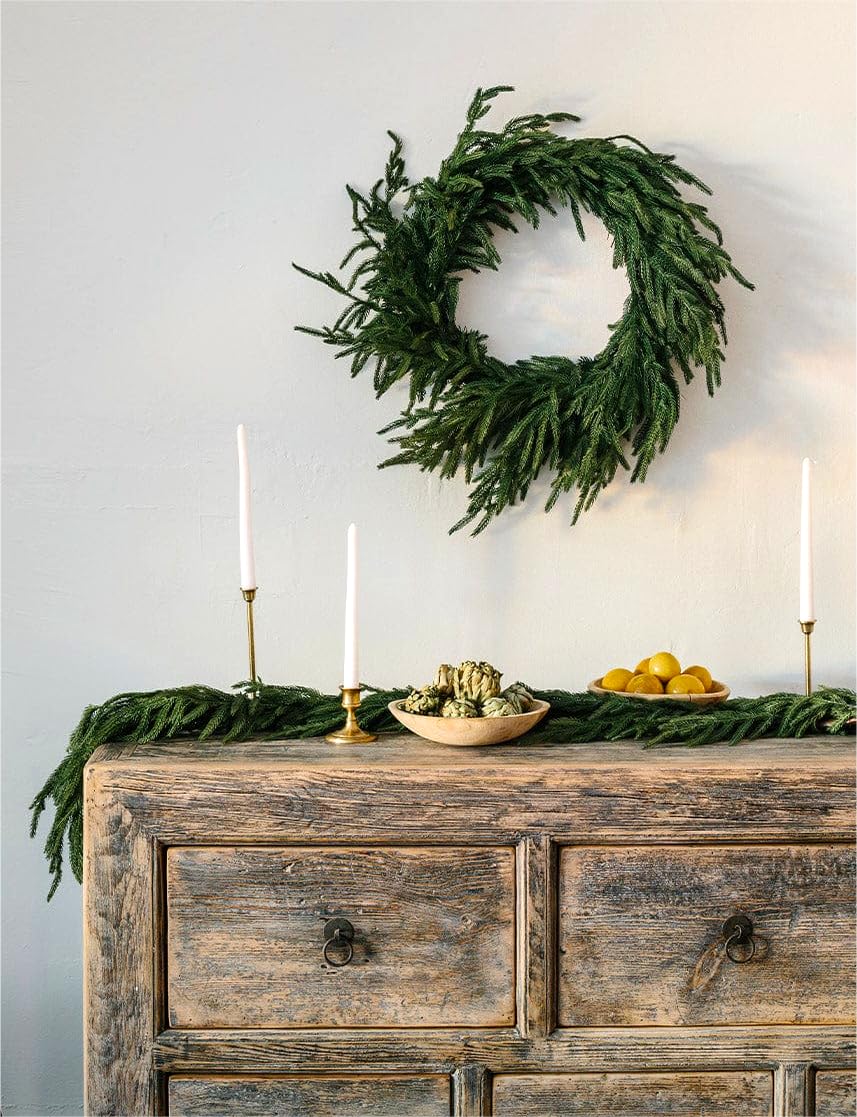 ENVEN Real Touch Norfolk Pine Christmas Garland and Wreath Set, 24IN Green Wreath and Christmas Garland Artificial Faux Greenery Norfolk Pine for Holiday Indoor Mantle Decor (6FT - 24IN) ENVEN