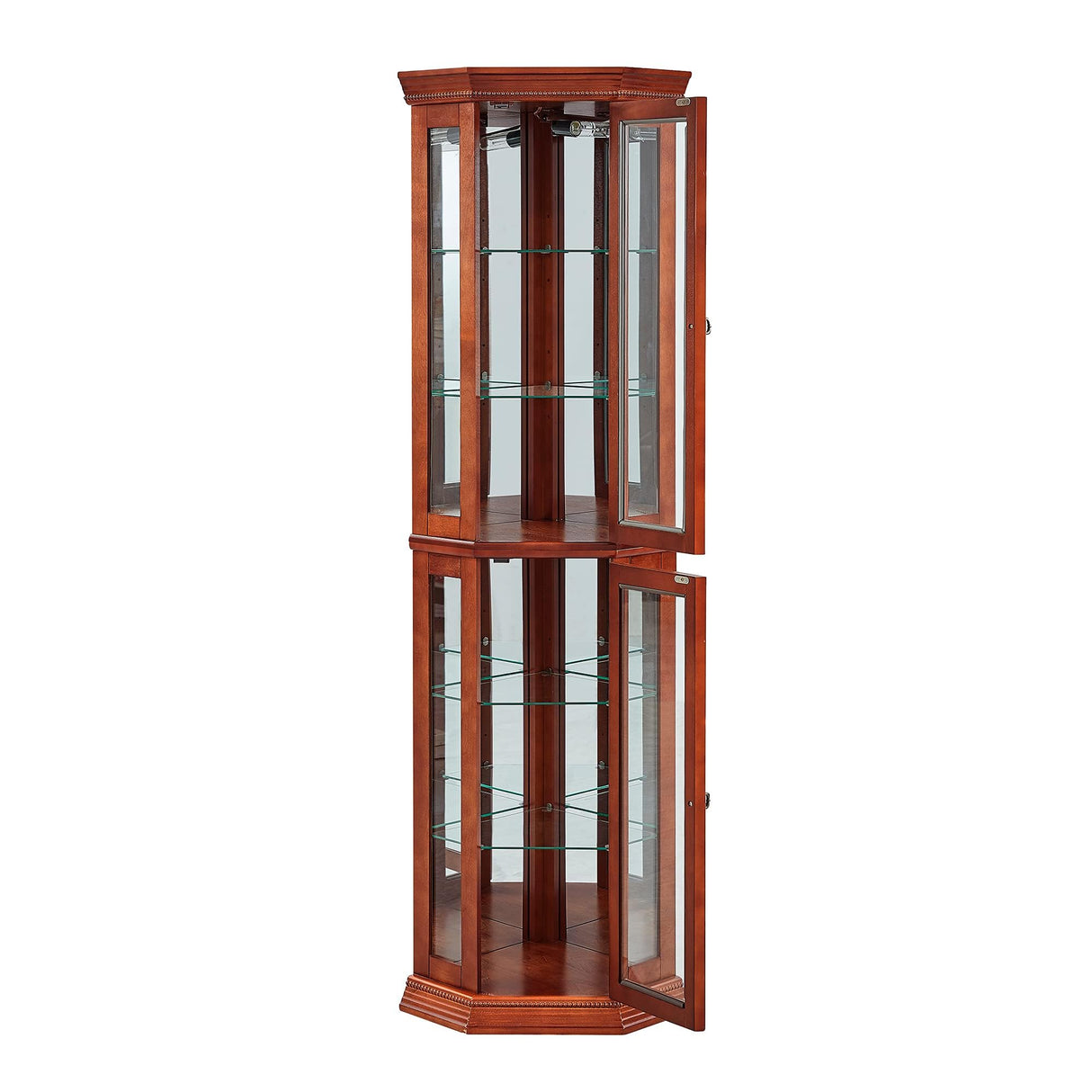 Anveffeg Corner Curio Cabinet with Lights, Adjustable Tempered Glass Shelves, Mirrored Back, Display Cabinet,Light Walnut (E26 Light Bulb not Included) (Walnut) Anveffeg
