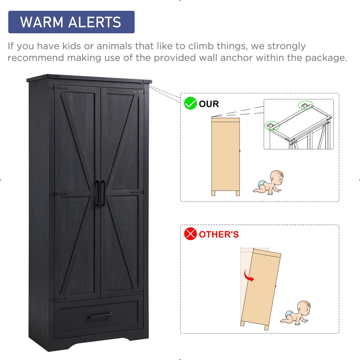72" Tall Antique Black Farmhouse Storage Cabinet with Adjustable Shelves, Drawer & Barn Doors by JXQTLINGMU JXQTLINGMU