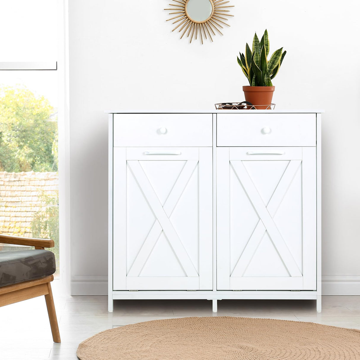 MAMIZO Double Tilt Out Trash Cabinet 10 Gallon*2,Kitchen Garbage Cabinet,Pet-Proof Standing Hidden Dual Laundry Sorter,W/Hideaway Drawer,for Kitchen,Living,Dining Room (White) MAMIZO