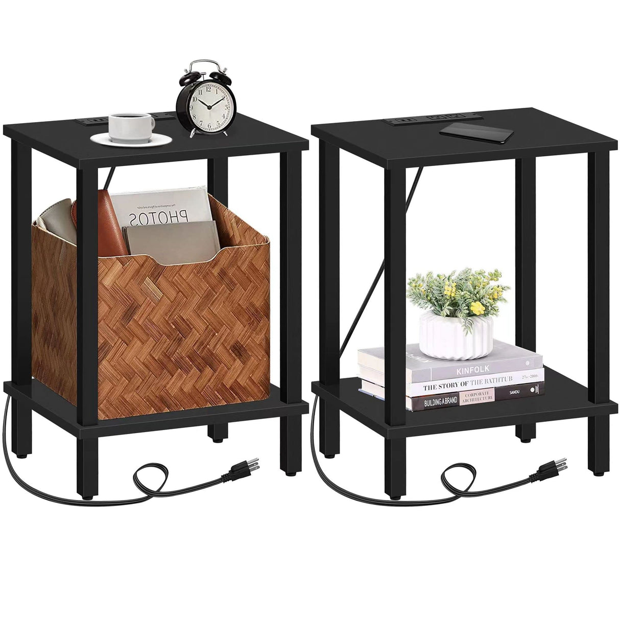 TUTOTAK End Table with Charging Station, Set of 2, Side Table with USB Ports and Outlets, Nightstand, 2-Tier Storage Shelf, Sofa Table for Small Space, Living Room, Bed Room TB01BK041 TUTOTAK