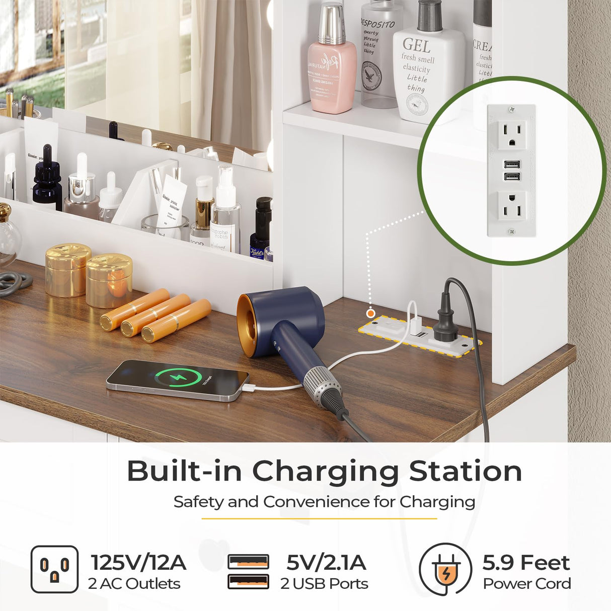 DICTAC Farmhouse Makeup Vanity Desk with Mirror and Lights, Large Vanity Table with Charging Station, 43'' Bedroom Dressing Table with 6 Drawers & 2 DICTAC