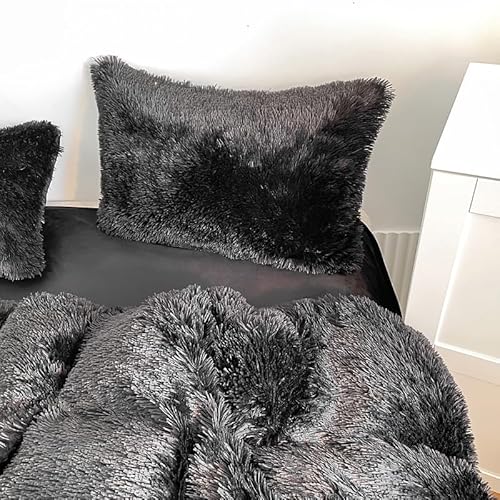 chovy Kids Girls Faux Fur Black Comforter Sets Twin/Full - 3PC Bed Set Skin Friendly Soft Warm Comfortable Classical Rabbit Plush Velvet Flannel Fluffy Fuzzy Bedding(Comforter x 1 Pillowcases x 2) chovy