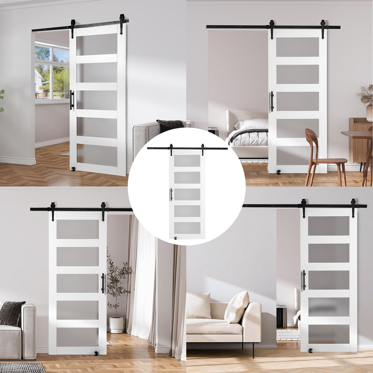 VEVOR 30x84 Inch Glass Barn Door with 5.5ft Sliding Door Hardware Kit Included, 5 Frosted Glass, Water-Proof & Scratch-Resistant Solid Wood, Pre Drilled Easy Assembly with Handle & Floor Guide, White VEVOR