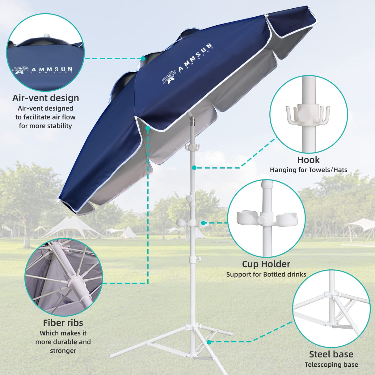 AMMSUN Shade Umbrella, Premium Portable Umbrella with Stand, 6.5ft Lightweight Free Standing Canopy for Sporting Games, Adjustable Instant Sun Protection and Easy to Carry, Navy Blue AMMSUN