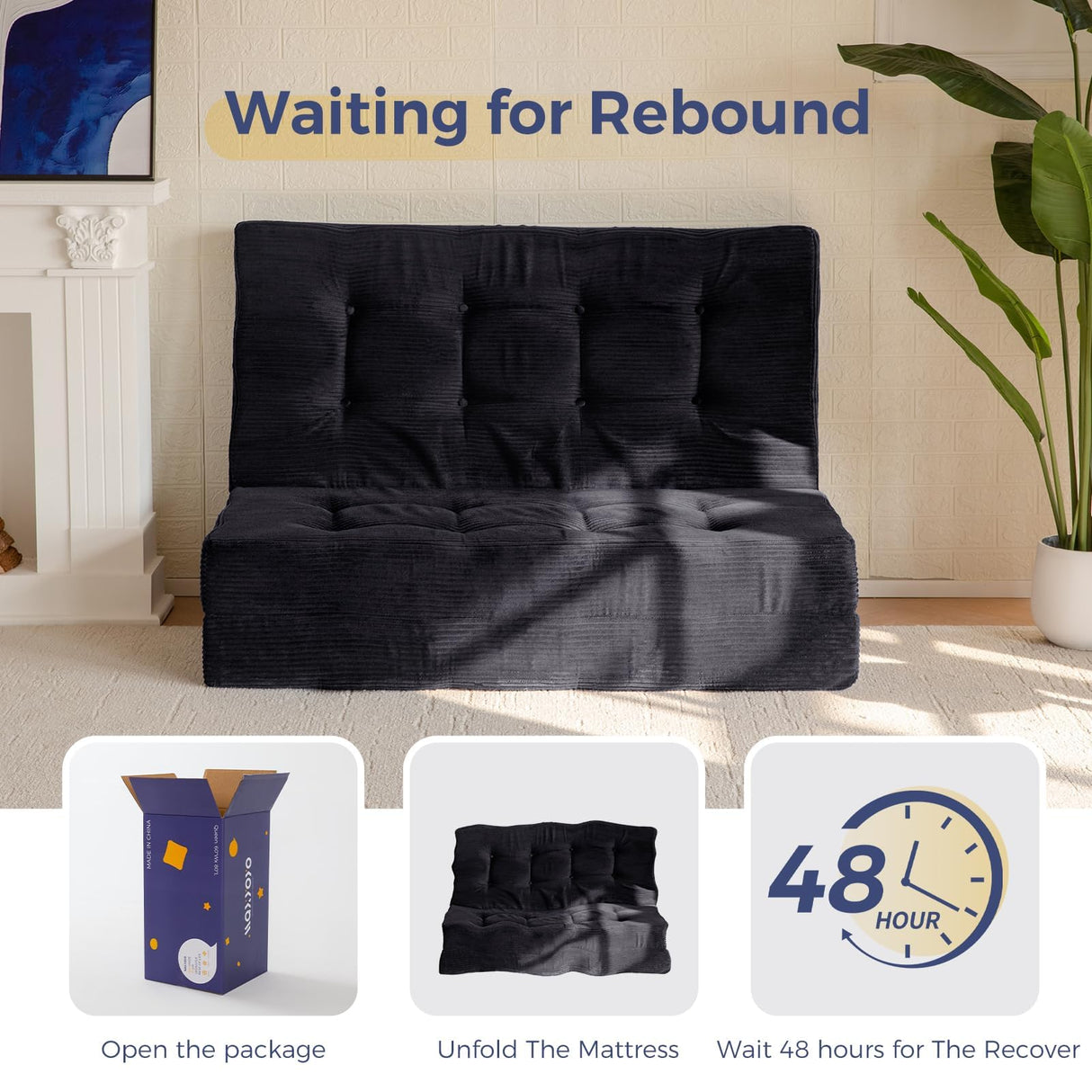 MAXYOYO Tri-Fold Mattress, 6 Inch Tufted Folding Futon Foam Bed, Foldable Floor Mattress Guest Bed Futon Topper Portable Camping Sleeping with Corded Fabric, Black, 59"x79" MAXYOYO