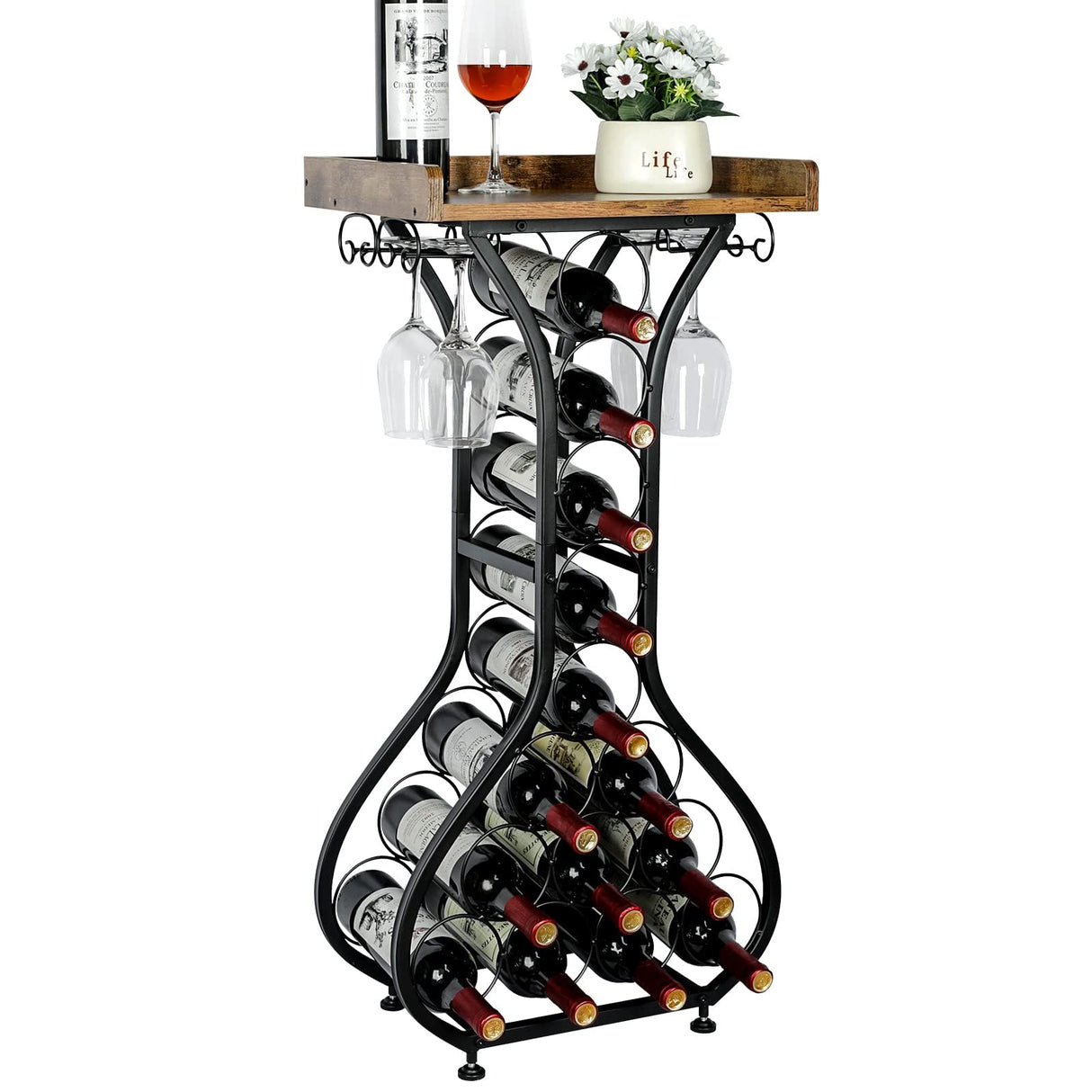 X-cosrack Wine Rack Freestanding Floor, Mini Bar Table Wine Holder Stand Liquor Cabinet with Glass Holder Wood Tabletop 14 Bottles Floor Wine Storage for Home Bar Kitchen Living Room (Patent Pending) X-cosrack