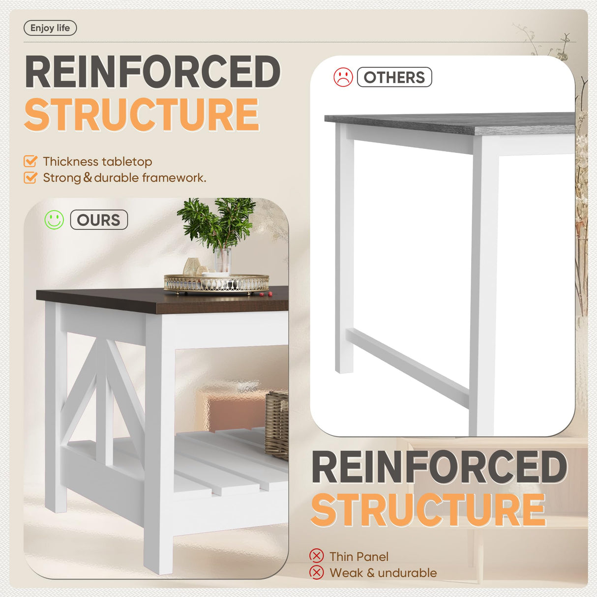 YESHOMY Farmhouse Coffee Table, Wood Square Open Storage Compartment for Living Room, Brown and White YESHOMY