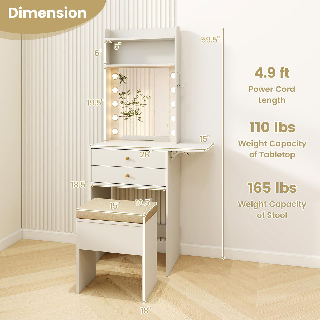 LDAILY Small Vanity Desk with Mirror and Lights, Modern Slim 3 in 1 Vanity Desk with Charging Station and Foldable Side Table, Compact Vanity with Hidden Chair and 2 Drawers for Bedroom (White) LDAILY