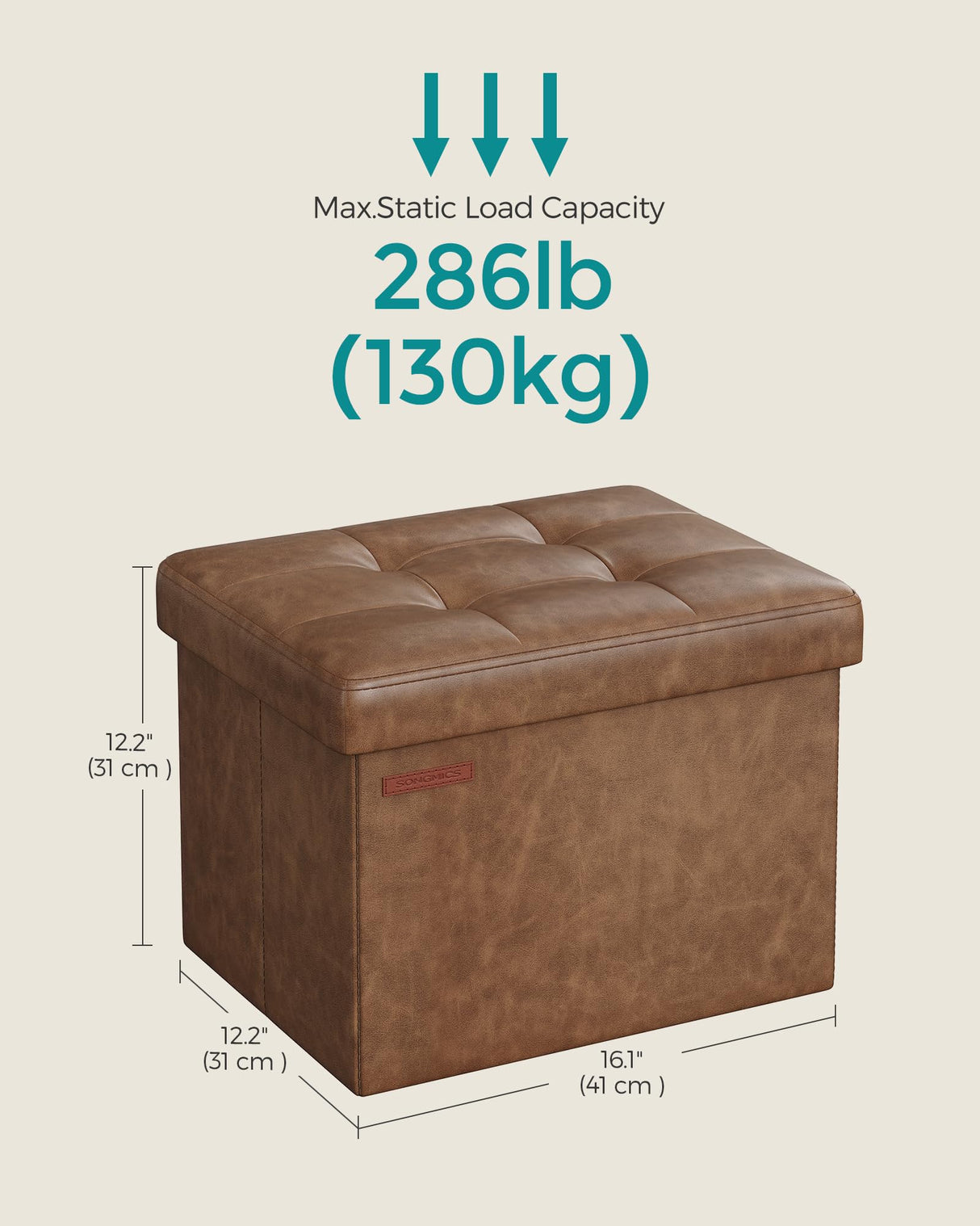 SONGMICS Small Folding Storage Ottoman, Foot Rest Stool, Cube Footrest, Synthetic Leather, 12.2 x 16.1 x 12.2 Inches, 286 lb Capacity, for Living Room, Bedroom, Dorm, Coffee Brown ULSF100K01 SONGMICS