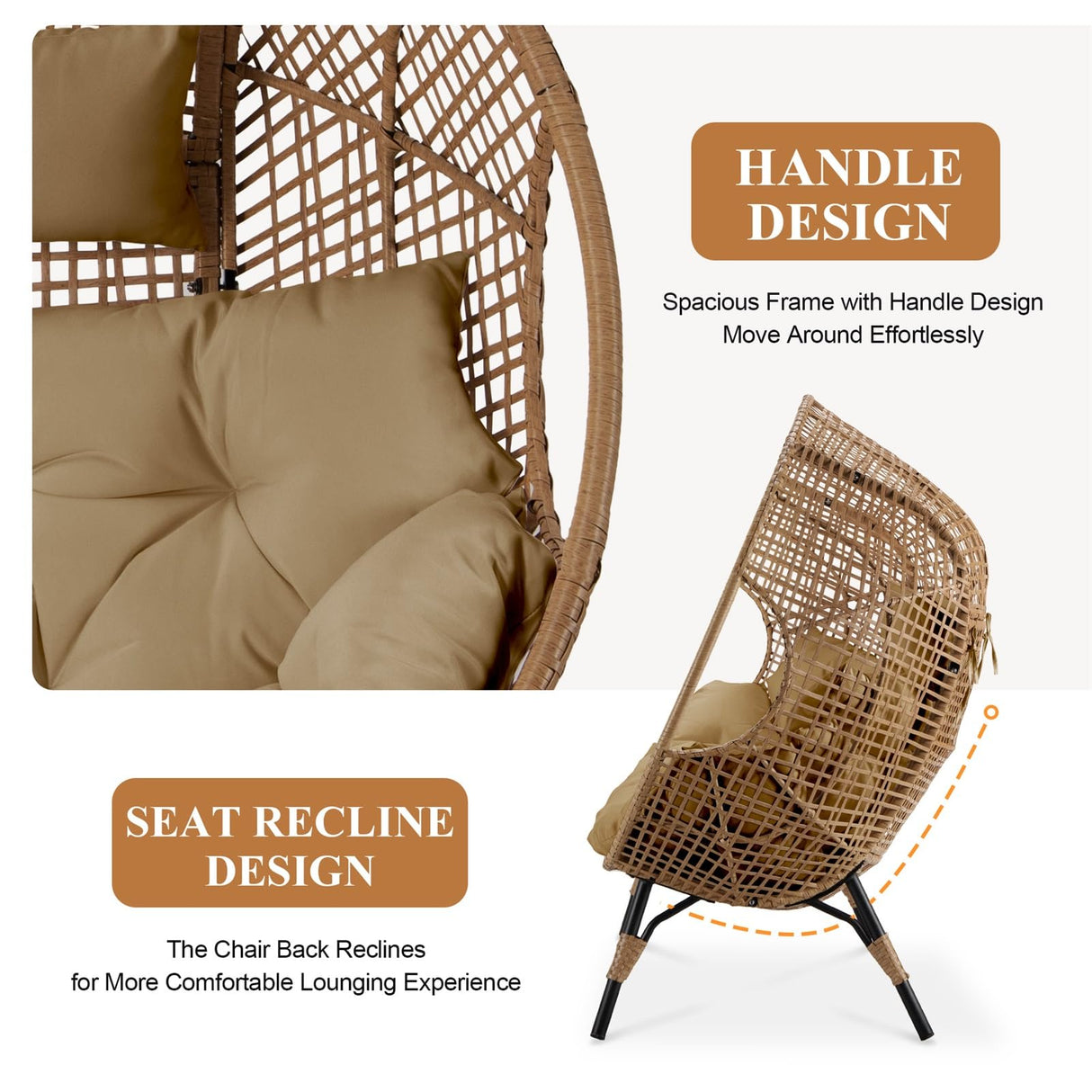 FINCATI Indoor Outdoor Double Egg Chair, 2 Person Oversized Wicker Rattan Stationary Lounge Chair with Legs, 680 lbs Loveseat Boho Egg Basket Chairs for Patio Garden Backyard Living Room Brown FINCATI