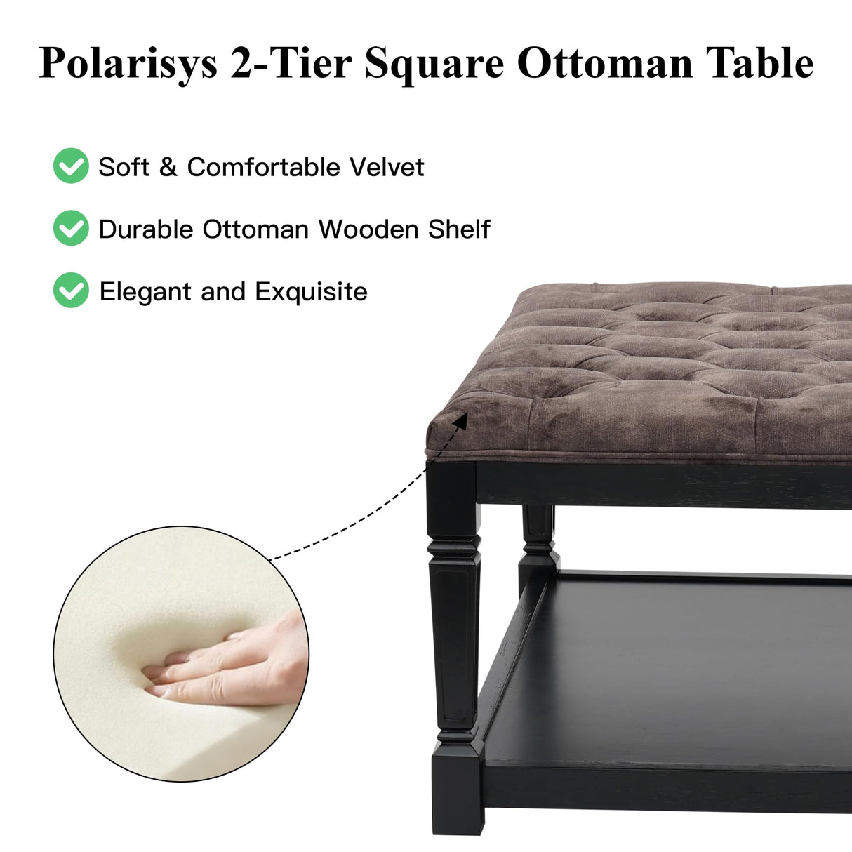 Polarisys Storage Ottoman Bench, 35 Inch Ottomans with Storage, Coffee Table Ottomans for Living Room Large Ottoman Bench Square Coffee Table with Wooden Shelf Brown Polarisys