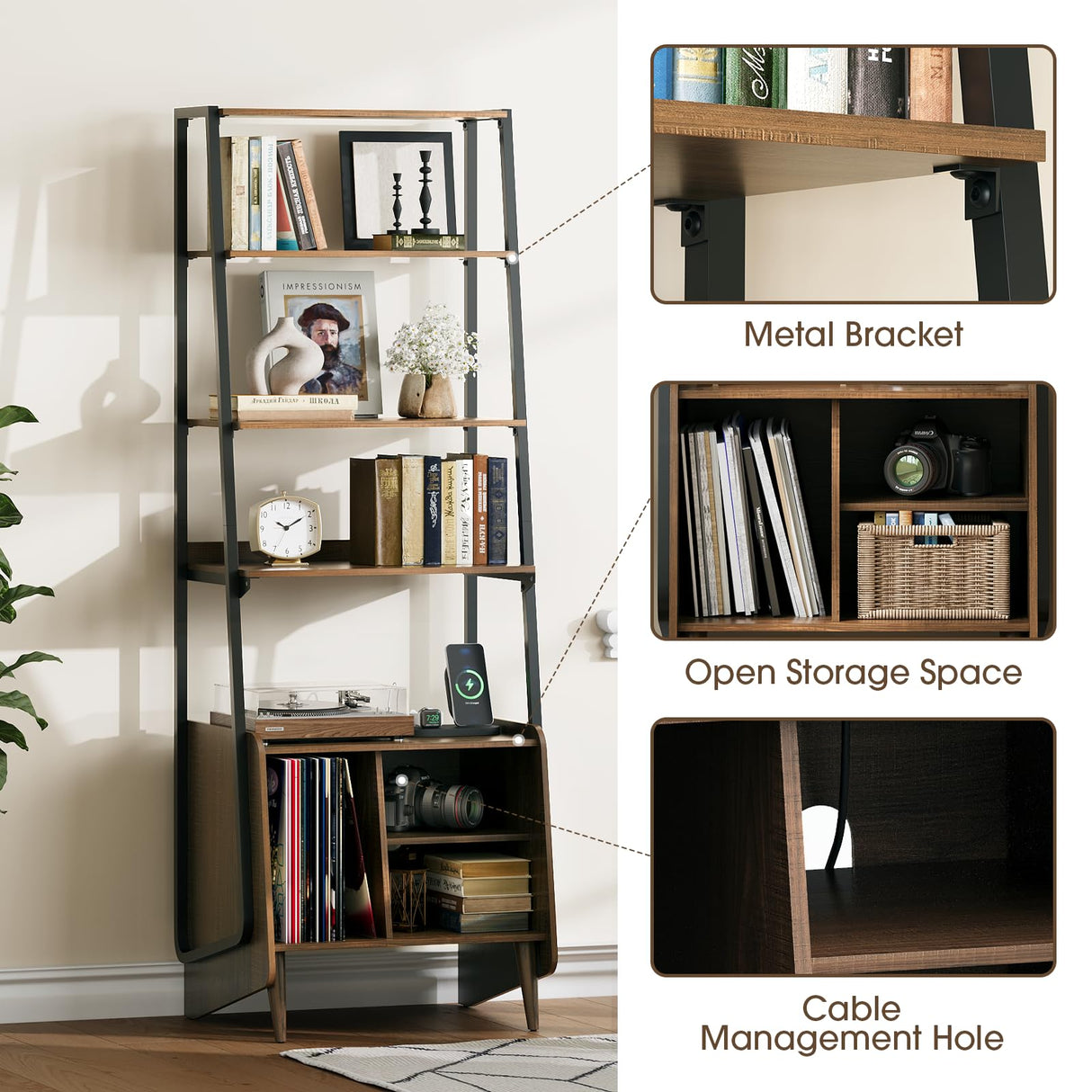 JOINICE 5-Tier Ladder Bookshelf with Cabinet,Mid Century Modern Bookshelf with Adjustable Shelf,Tall Bookshelf with Charging Station,Wood and Metal Display Rack for Living Room,Bedroom,Office,Walnut JOINICE