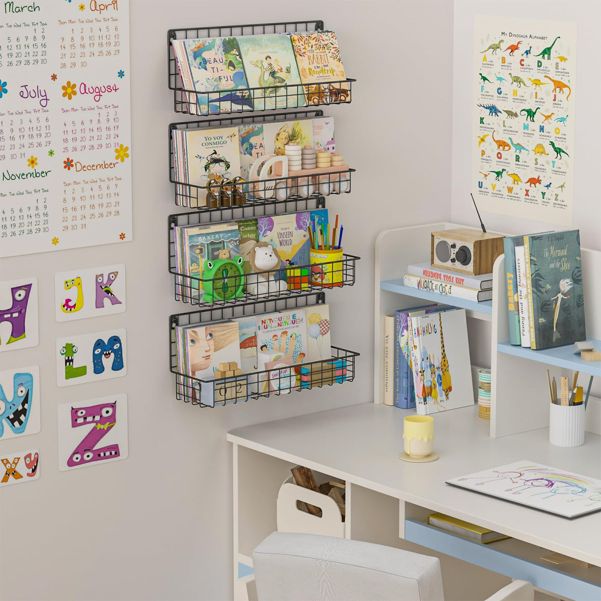 Wall Mounted Metal Kids Bookshelf, Floating Book Shelves for Kids Nursery Toddler Classroom, Hanging Book Shelf Organizer for Room Decor, Black, Set of 4 X-cosrack