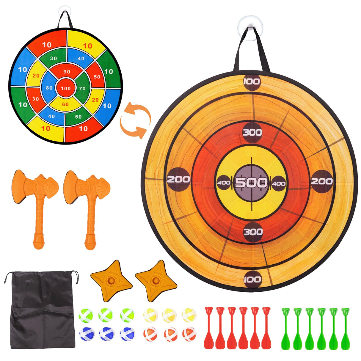 Foam Axe Throwing Game Set,26 inch Large Dart Board,Indoor Outdoor Target Game,Includes a 26 Inch Double-Sided Easy Fold Target,2 Throwing Axes&Stars,12 Sticky Balls&Darts,A Carry Bag,2 Hooks WodGod