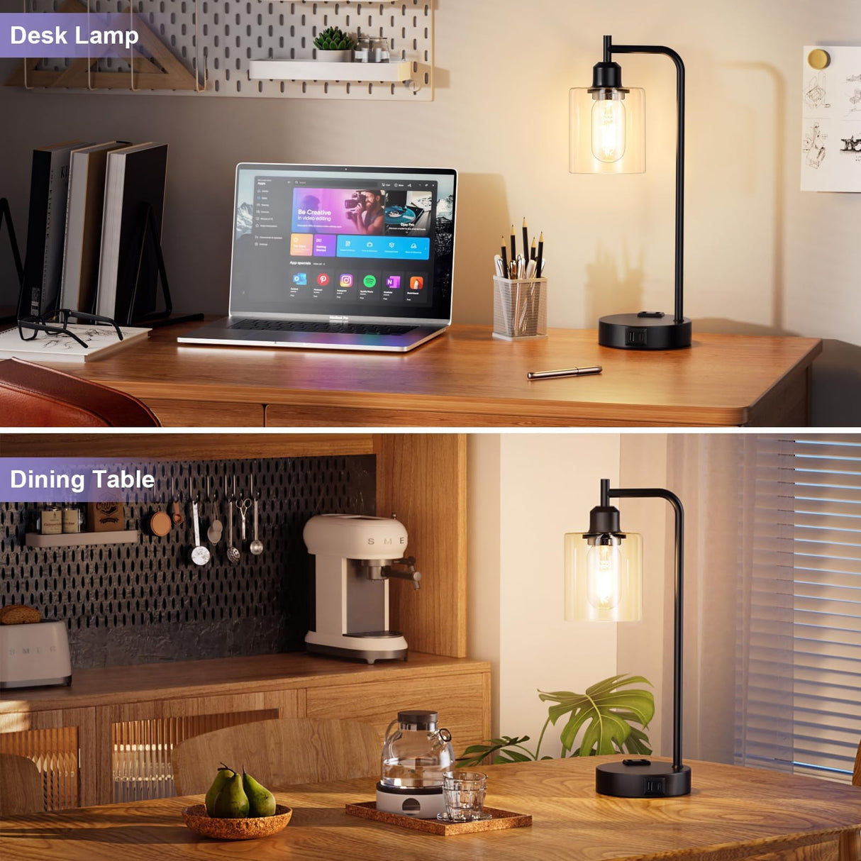 Industrial Touch Table Lamps for Bedrooms Set of 2 - 3-Way Dimmable Nightstand Lamps with USB C+A Ports and Outlet, Black Bedside Lamps with Glass Shade for Living Room, Desk Lamps for Home Office Innqoo