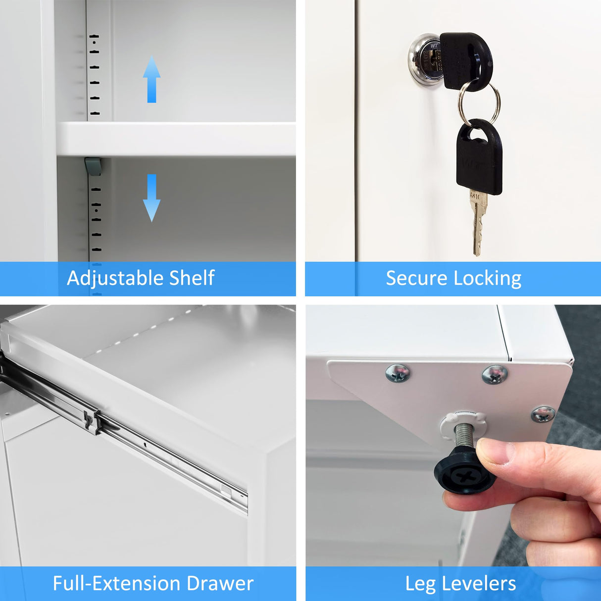 JINGUR Metal Storage Cabinet with Locking Doors and 2 Drawers, Lockable Storage Cabinets with Adjustable Shelf for Home Office and Garage (White) JINGUR