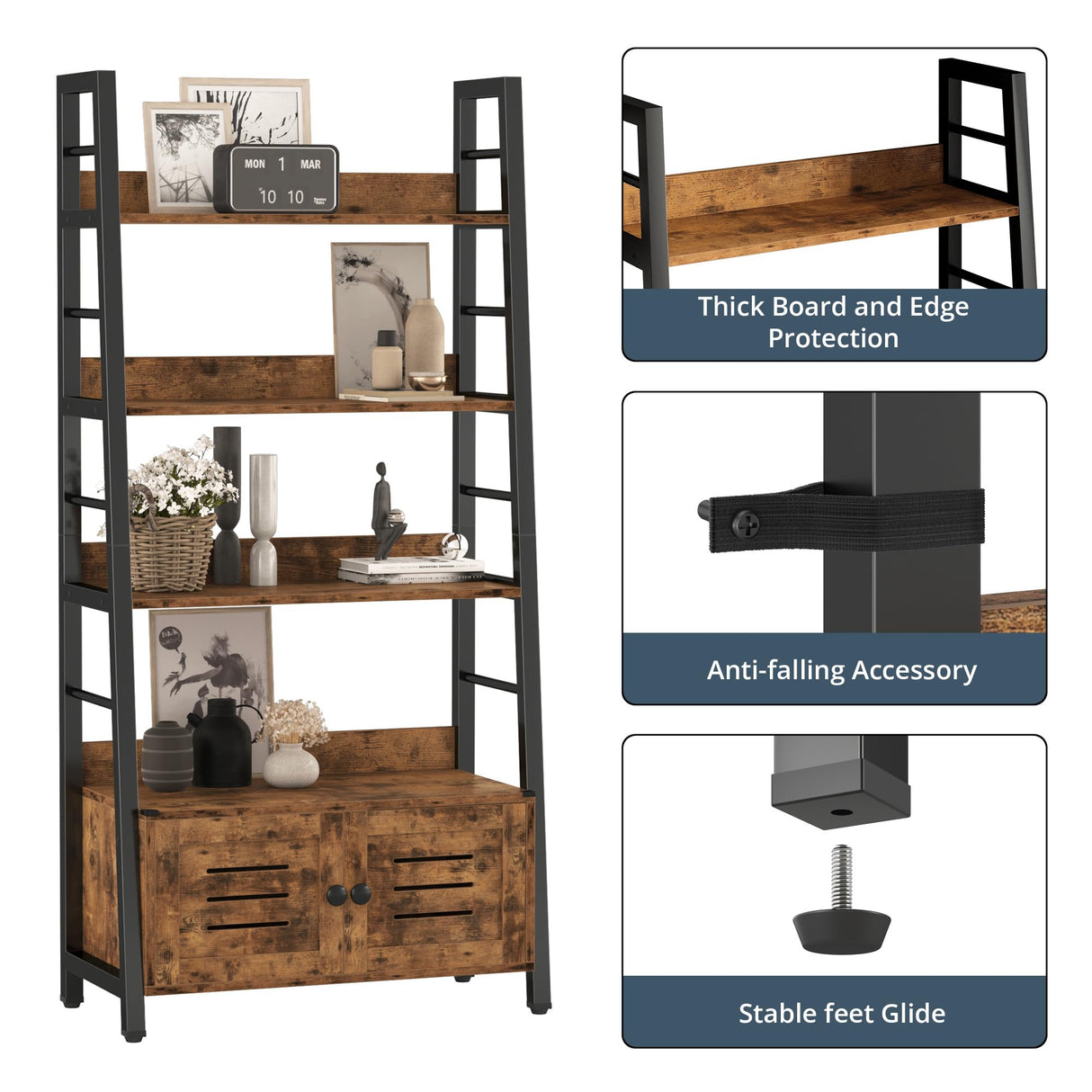 IRONCK Bookshelf with Louvered Doors, 3-Tier Ladder Shelf with Cabinet Industrial Accent Furniture for Bedroom Living Room Home Office, Rustic Brown IRONCK