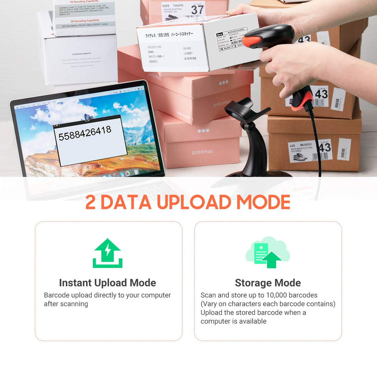 Tera Wireless 2D QR Barcode Scanner with Stand, 3 in 1 Compatible with Bluetooth & 2.4GHz Wireless & USB Wired Barcode Reader Handheld Bar Code Reader HW0001 Tera