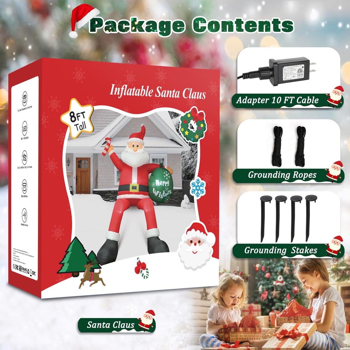 8FT Inflatable Sitting Santa Claus Christmas Outdoor Decorations, Blow Up Santa Claus with Gift Bag Sitting on Roof Wall Tree Chair, Xmas Outdoor/Indoor Decorations for Street House Patio Bench Shrubs FunFanso