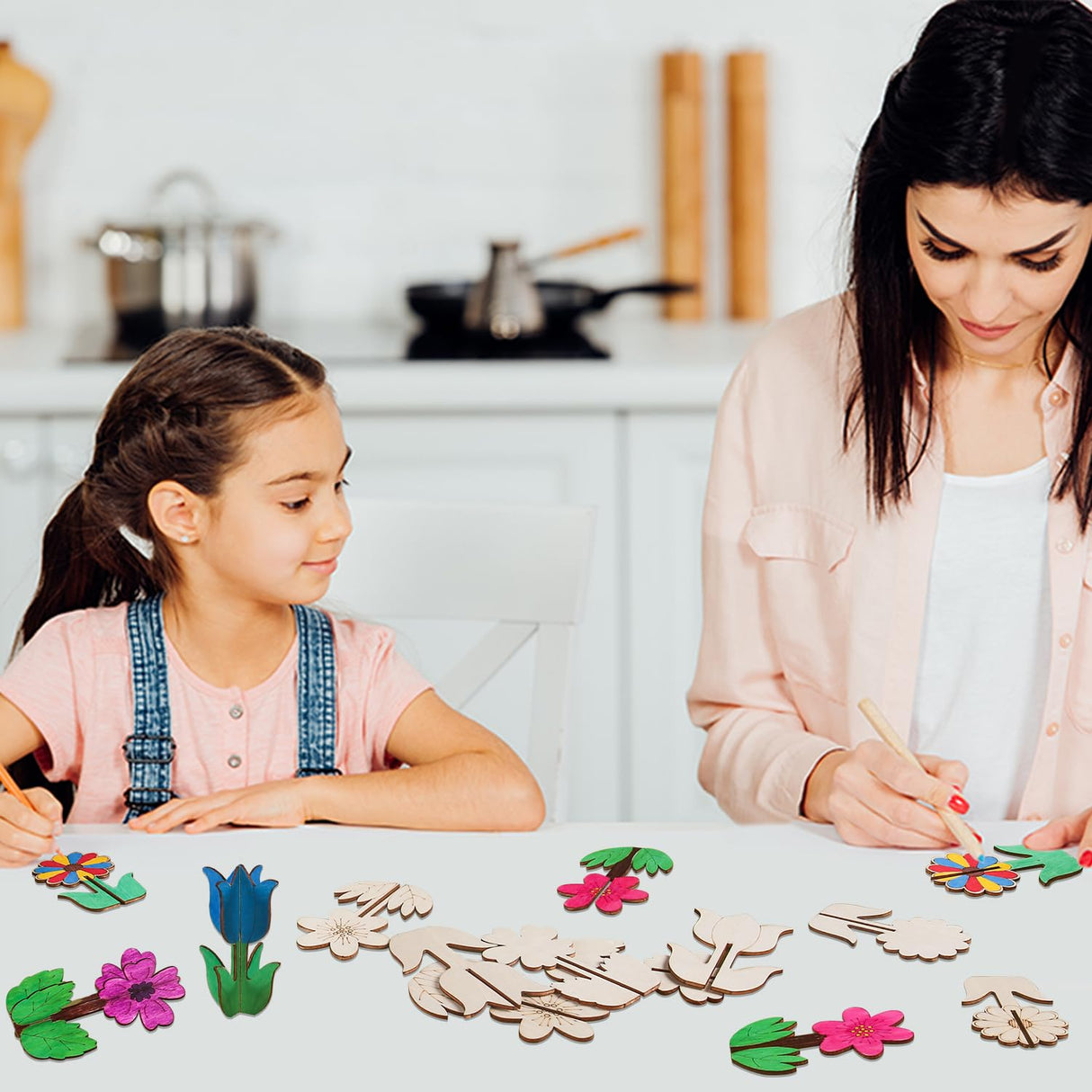 BENIMUS DIY 3D Flower Spring Wood Crafts to Paint, Spring Unfinished Wooden Slices for Craft, Flowers Ornaments for Painting Decorations (32 PCS) BENIMUS