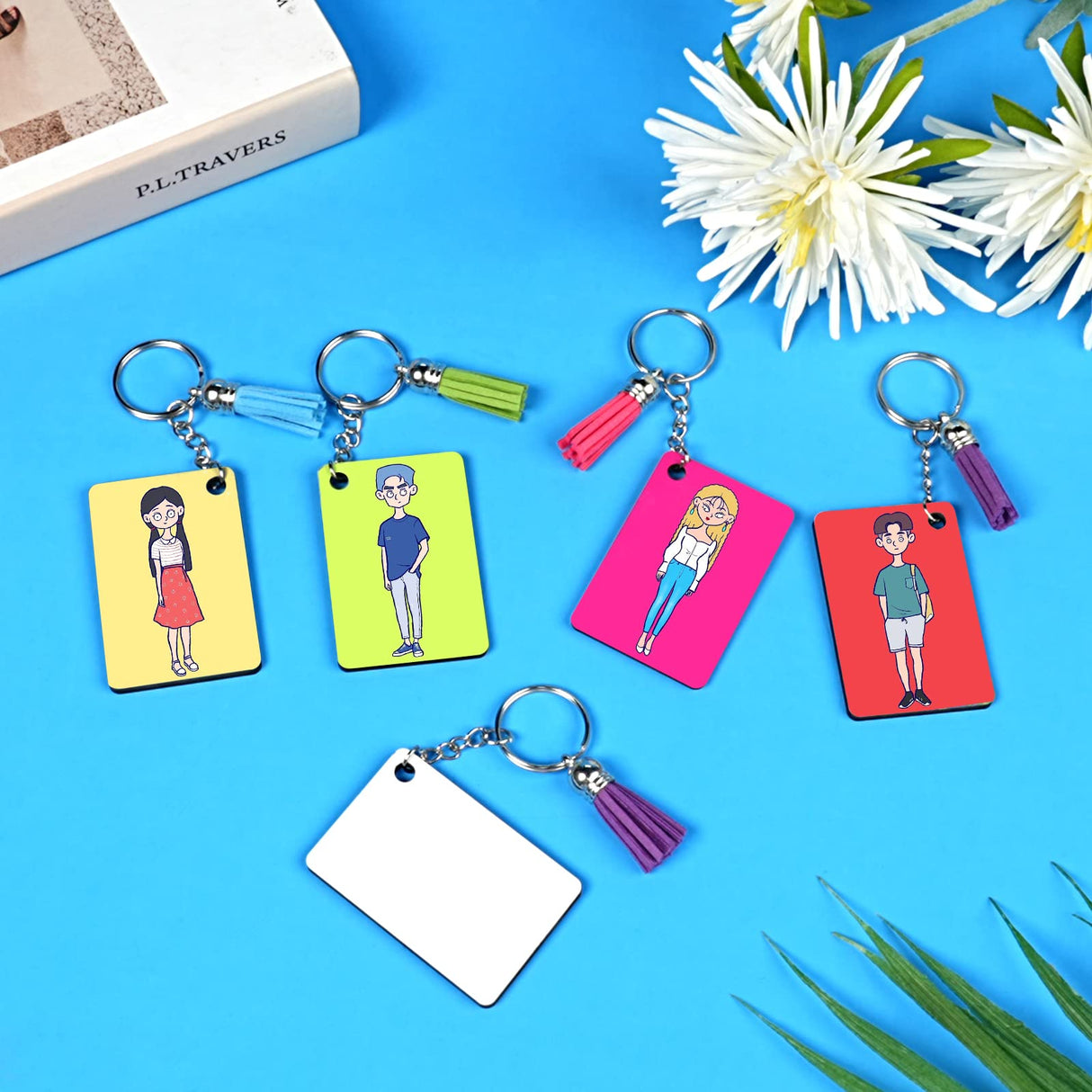 HTVRONT Sublimation Keychain Blanks Bulk - 120Pcs Sublimation Blanks Keychain with Blue Protective Film - MDF Rectangle Keychain with Tassels - Heat Transfer Keychain Blanks Double Sided HTVRONT