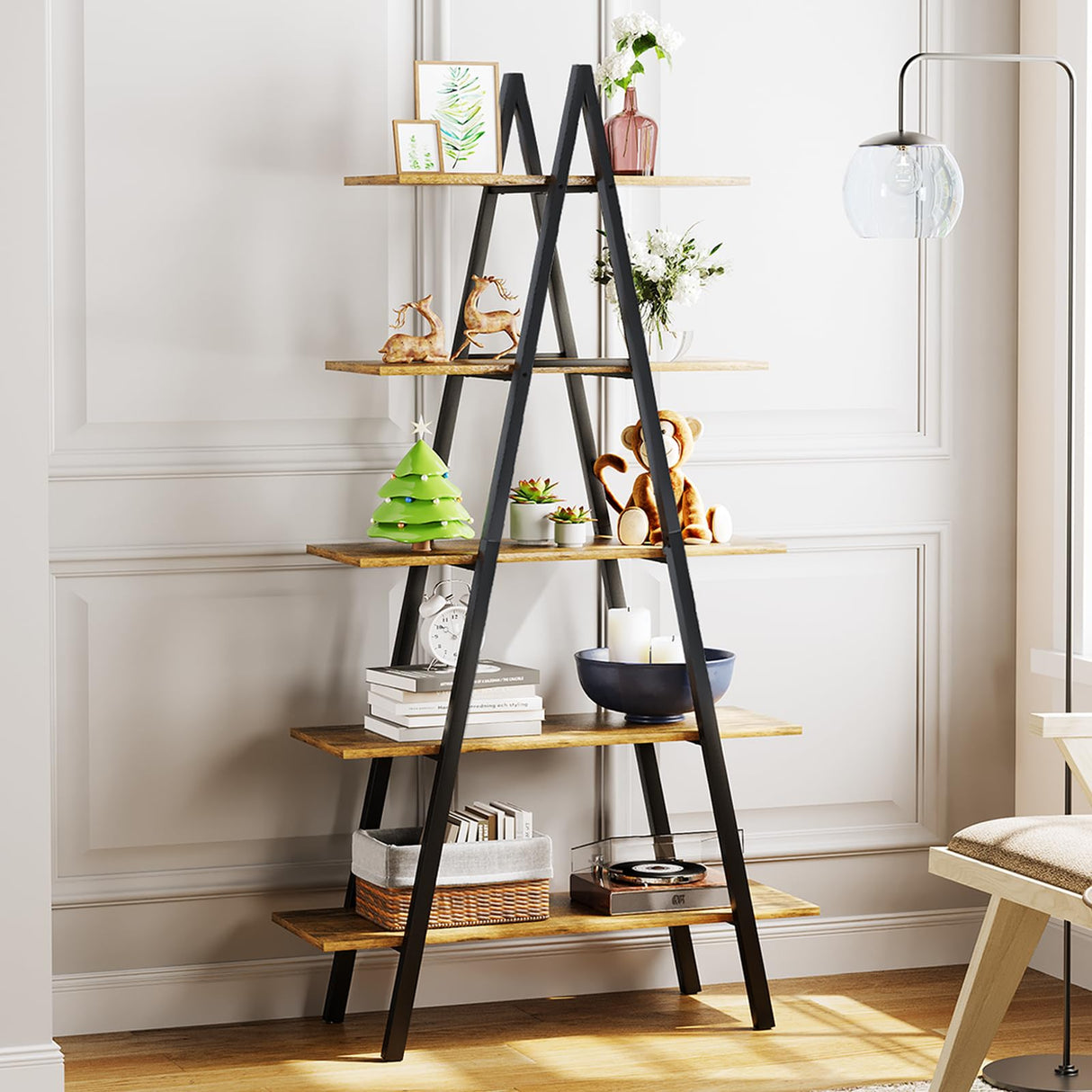 YOUDENOVA 5-Tier Ladder Bookshelf, Industrial A-Shaped Bookcase, Christmas Village Display Stand, Tall Ladder Shelf Storage Organizer for Living Room, Home Office, Black YOUDENOVA
