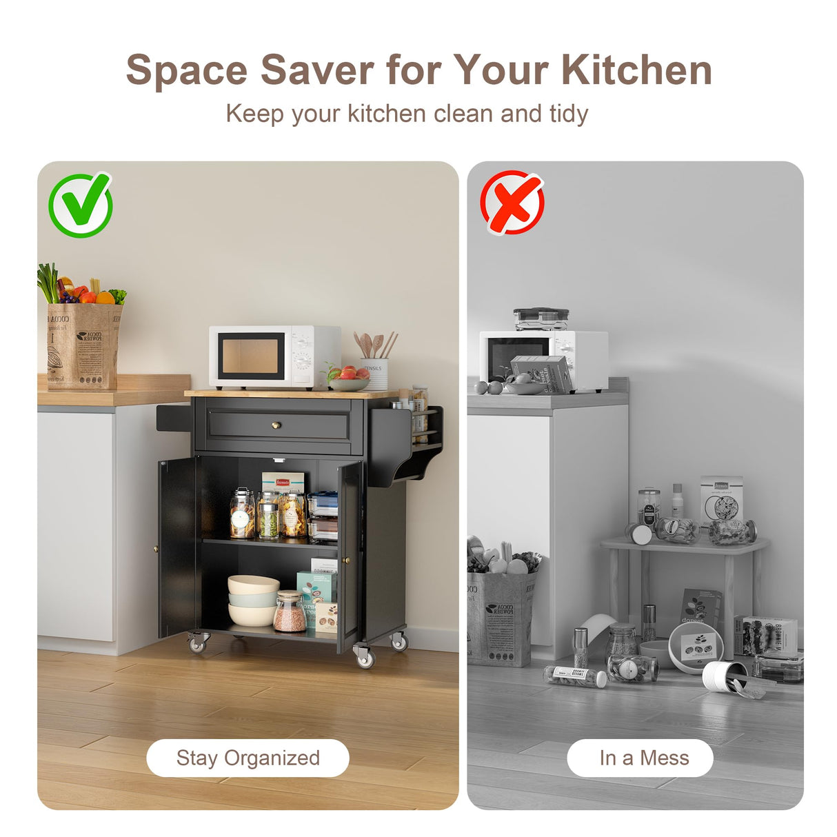 Gizoon Black Kitchen Island Cart with Rubberwood Top & Multi-Storage for Home and Dining Gizoon