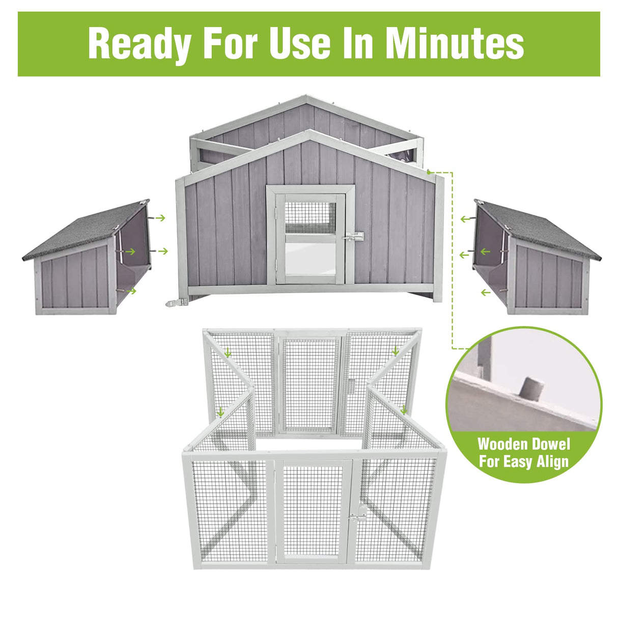 GUTINNEEN Foldable Chicken Coop Super Easy to Assemble Large Hen House Wooden Poultry Cage with Nesting Box and Run GUTINNEEN