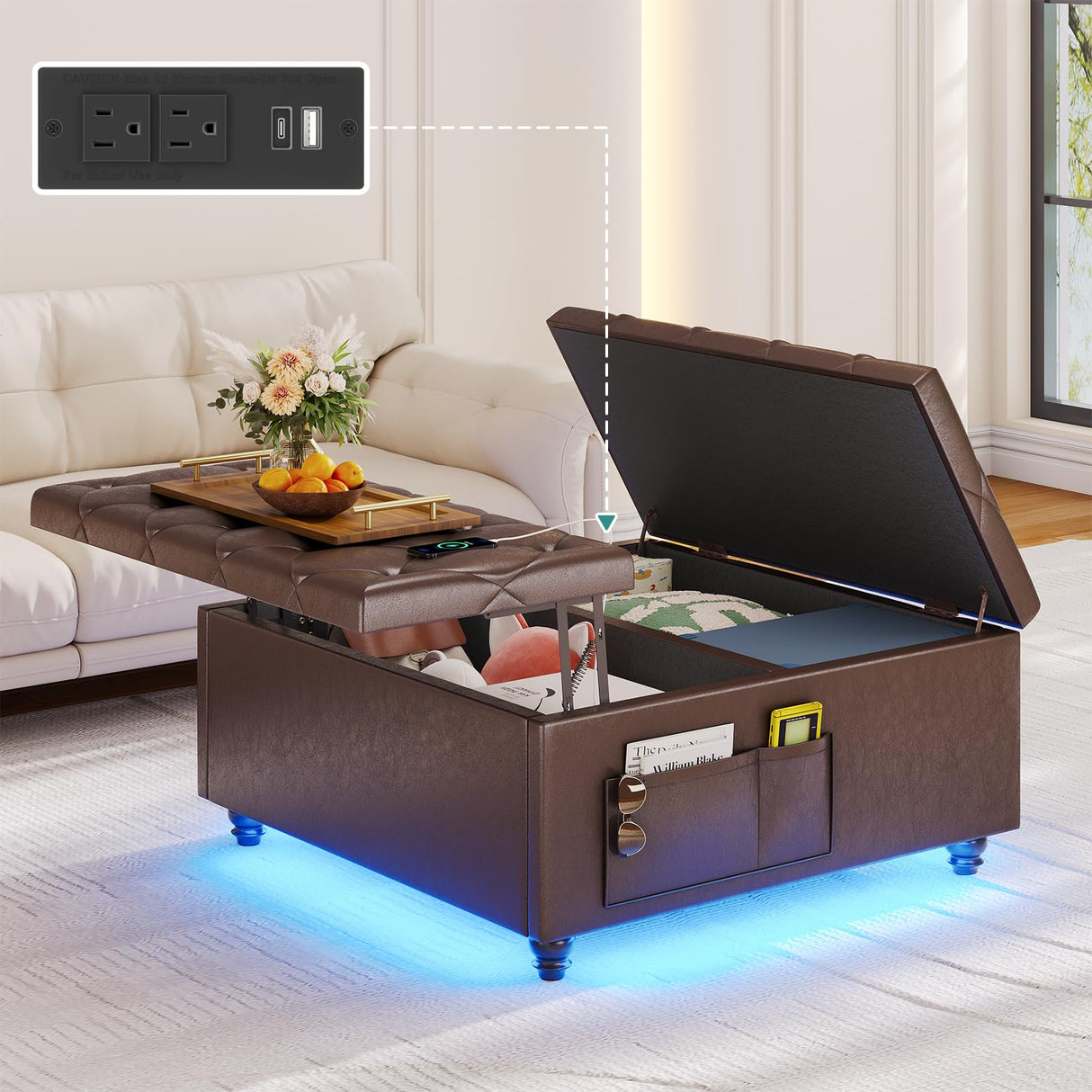 busyaeh Storage Ottoman Coffee Table,Square Ottoman Bench with Charging Station and LED Lights,Velvet Buttons Large Ottoman with Storage with Lift Top&Solid Wood Legs for Living Room Bedroom (Brown) busyaeh