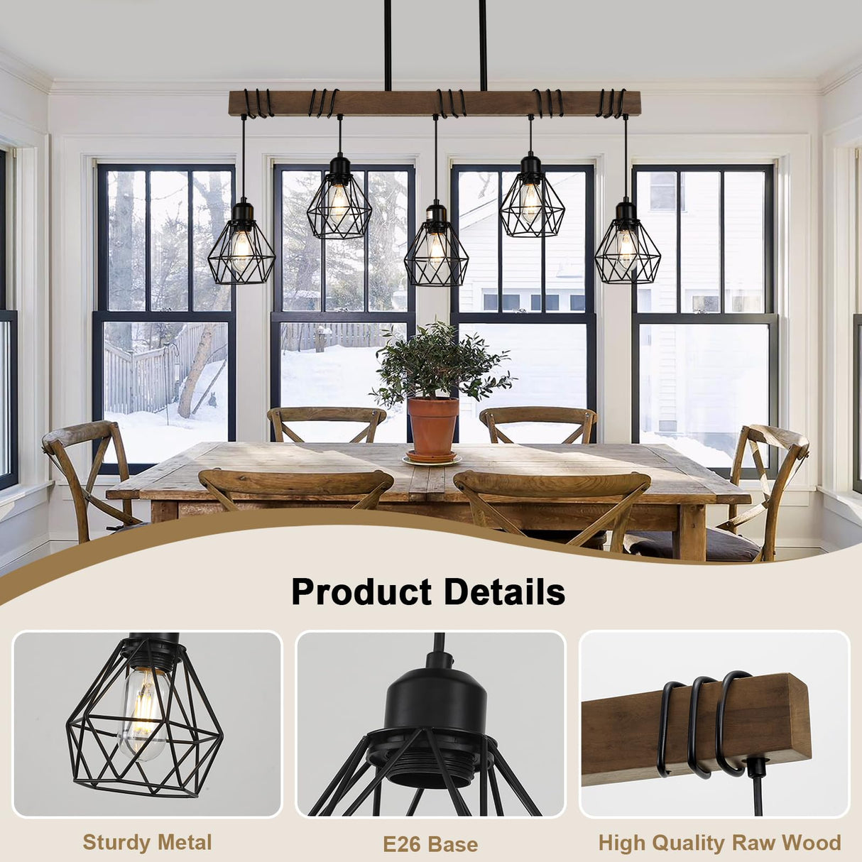 5-Light Kitchen Chandeliers Over Table, Farmhouse Black Dining Room Light Fixture, Linear Rustic Wood Ceiling Pendant Island Light Fixtures with Metal Lampshade, Height Adjustable CmnVmn