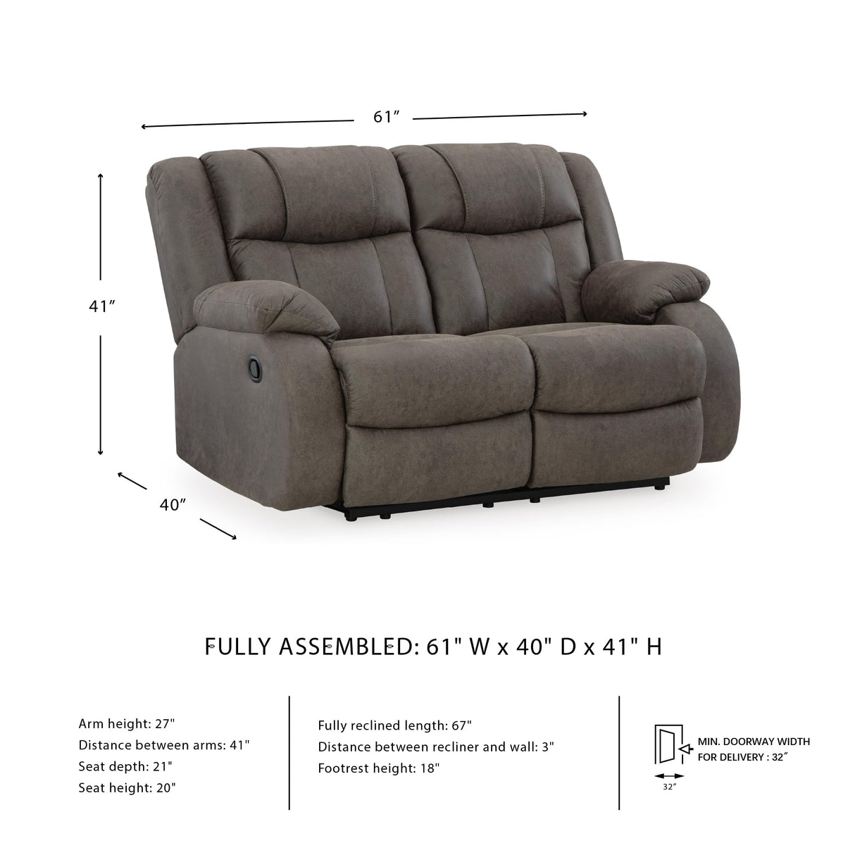 Signature Design by Ashley First Base Contemporary Faux Leather Manual Reclining Loveseat, Gray Signature Design by Ashley