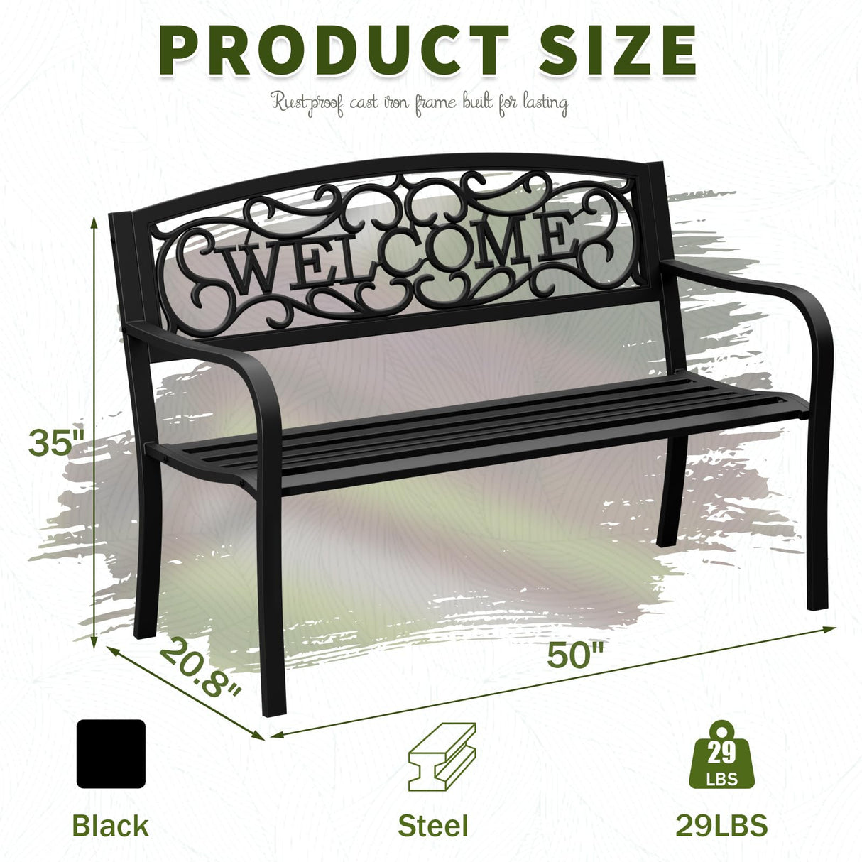 Kieperi 50" Heavy-Duty Garden Bench,600LBS Wrought Iron Welcome Patio Bench with PVC Back and, Outdoor Bench with Armrests for Porch Kieperi