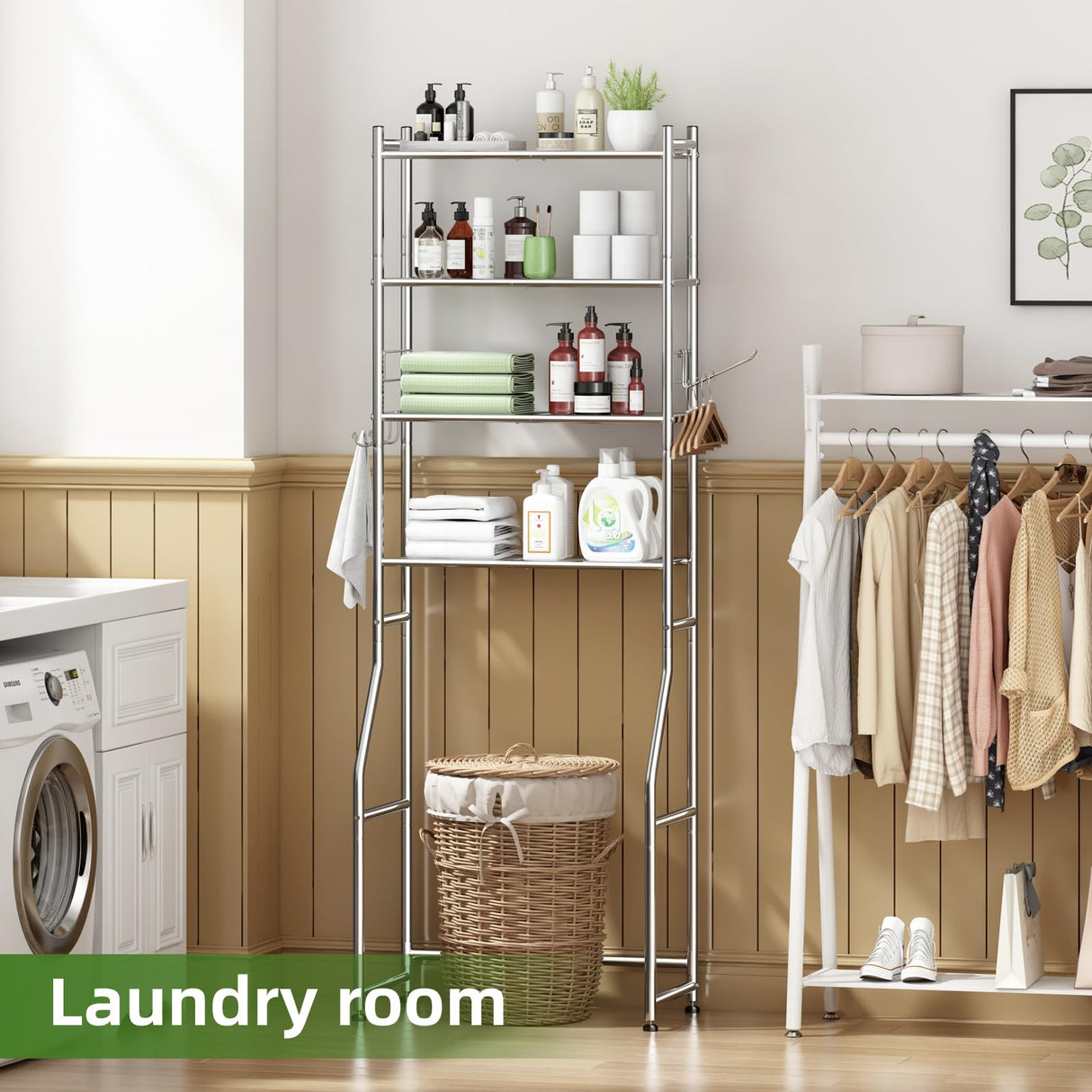 Ekisemio Over The Toilet Storage Shelf, 4-Tier Metal Over Toliet Bathroom Organizer Rack with Shelves, 70 Inch Tall, 4 Hooks and Paper Holder, Chrome Ekisemio