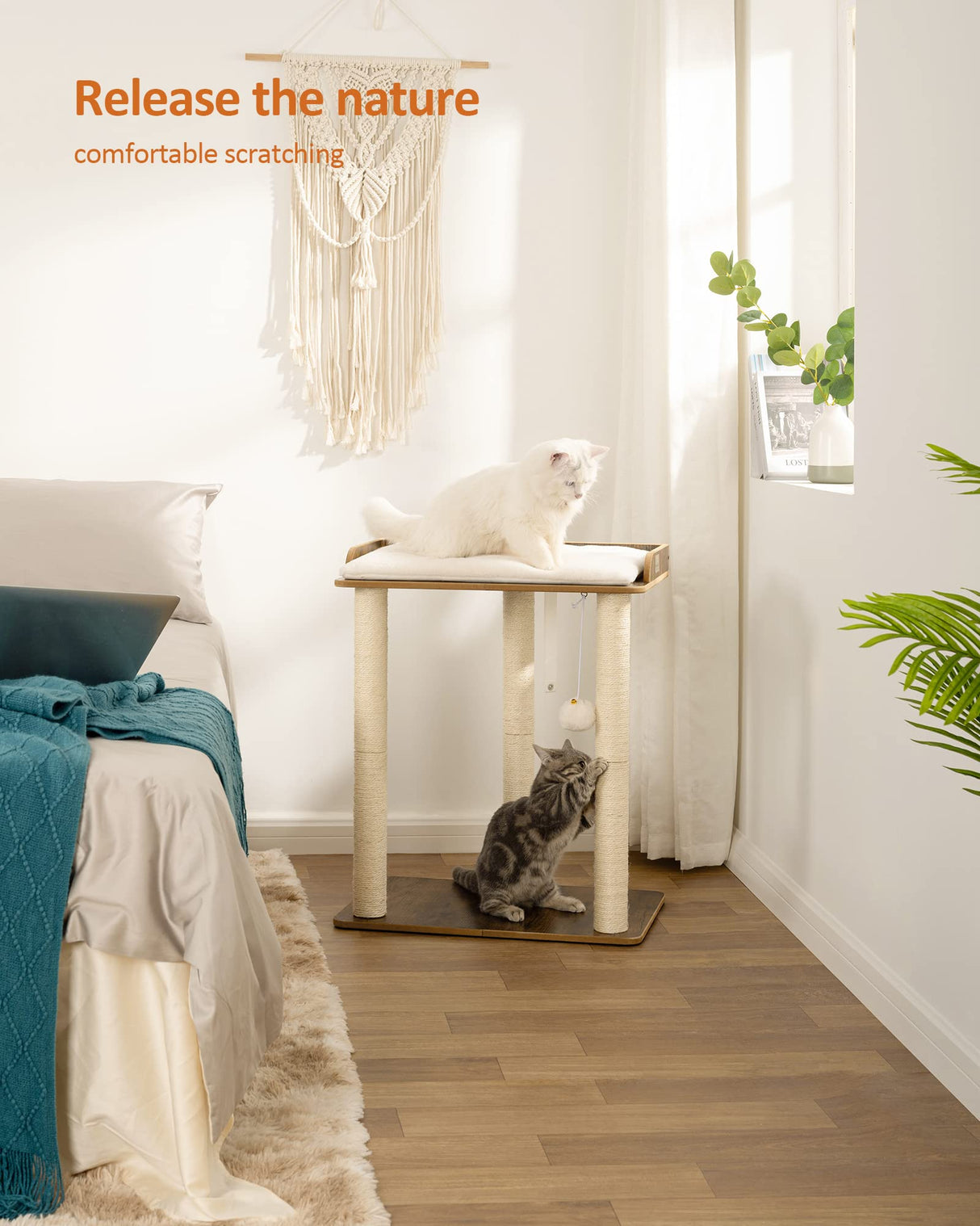 FourFurPets 26.7in Large Cat Tree Tower Condo, Cat Scratch Posts for Indoor Cats, Big Plate, Three 23.6in Full Sisal Scratching Posts, Rustic Brown FourFurPets