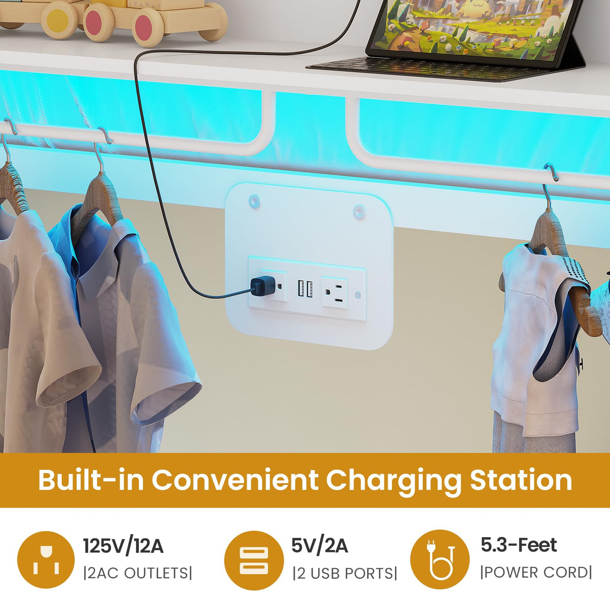Itaar Metal Bunk Bed Twin Over Twin with Hall Tree, Power Outlet, LED Bunk Bed with 4 Storage Drawers, Bed with Safety Guardrail & Ladders, No Box Spring Needed, Easy Assembly, White Itaar