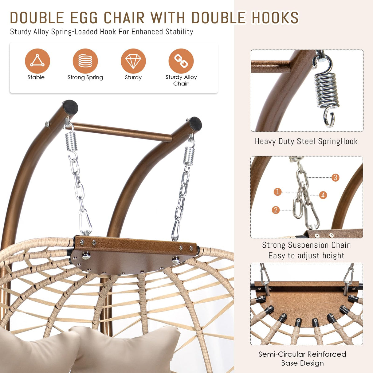 RADIATA Hanging Double Egg Chair with Stand, Oversized 2 Person Swing Egg Chairs Outdoor Indoor, 700Lbs Sturdy Loveseat Wicker Chair with Comfy Thick Cushion for Patio Backyard Balcony Porch, Beige RADIATA