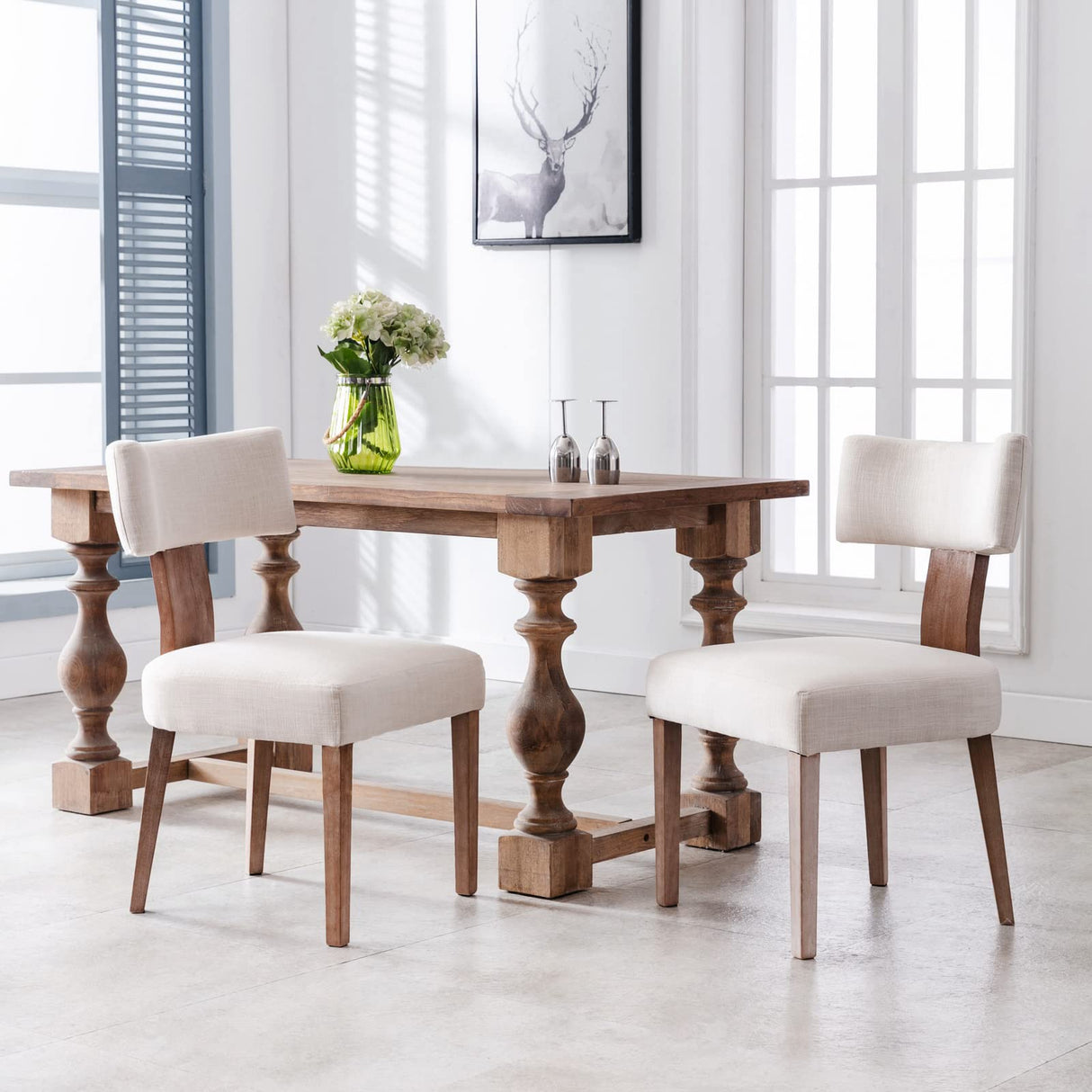 Wahson Beige Dining Chairs Set of 2, Comfy Upholstered Modern Farmhouse Kitchen Chairs with Wood Legs, Linen Fabric Dining Chairs with Curved Wingback for Living Room Bedroom Wahson