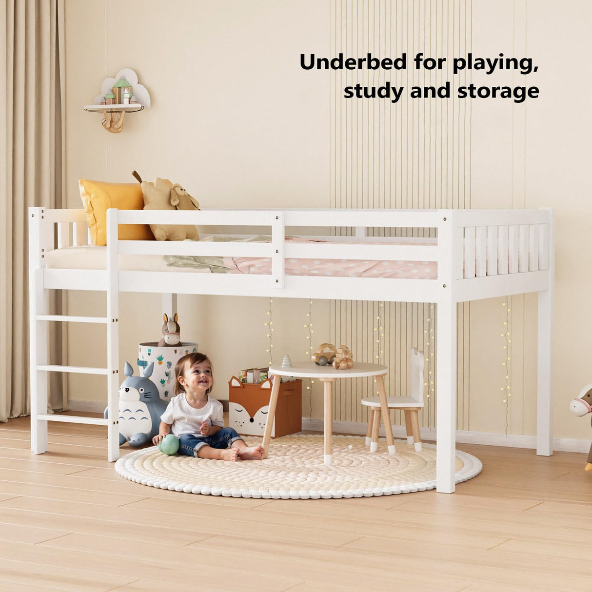 JOYMOR Twin Loft Bed Low Loft Bed Frame for Little Kids Small Room/Low Ceiling Bedrrom with Guardrail and Ladder, White JOYMOR