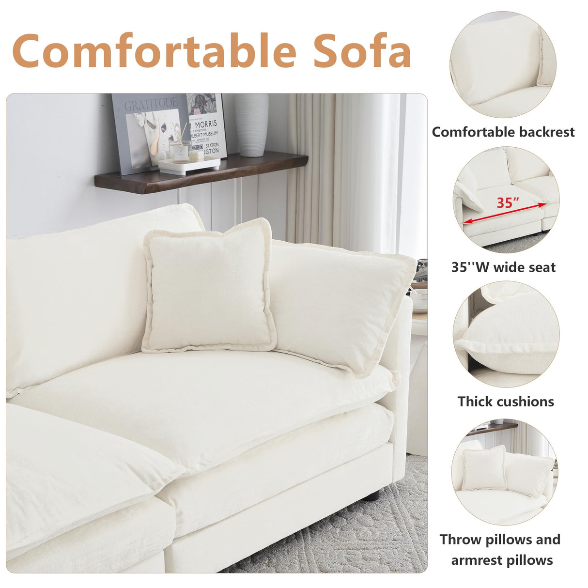 mikibama Modular Sectional Sofa, 111.5" L Shaped Couch Set for Living Room, 3-Seater Comfy Cloud Couches with Movable Ottoman, DIY Combination, Chenille, Beige mikibama