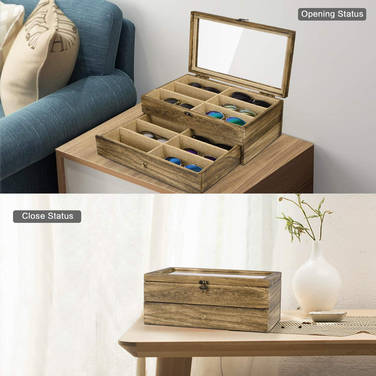 SRIWATANA Sunglasses Case Organizer for Women Men, 12 Slot Wood Eyeglass Eyewear Display Box with Glass Top, Gifts for Loved One, Carbonized Black SRIWATANA