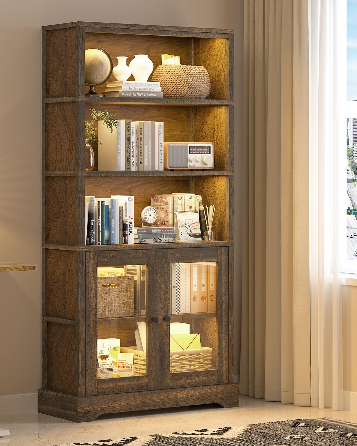 TVU 5-Tier Bookcase with Cabinet & LED, Wood 65 Inch Tall Bookshelf with Storage, Floor Standing Display Book Shelf for Living Room, Office, Study, Entryway (Rustic Brown) TVU