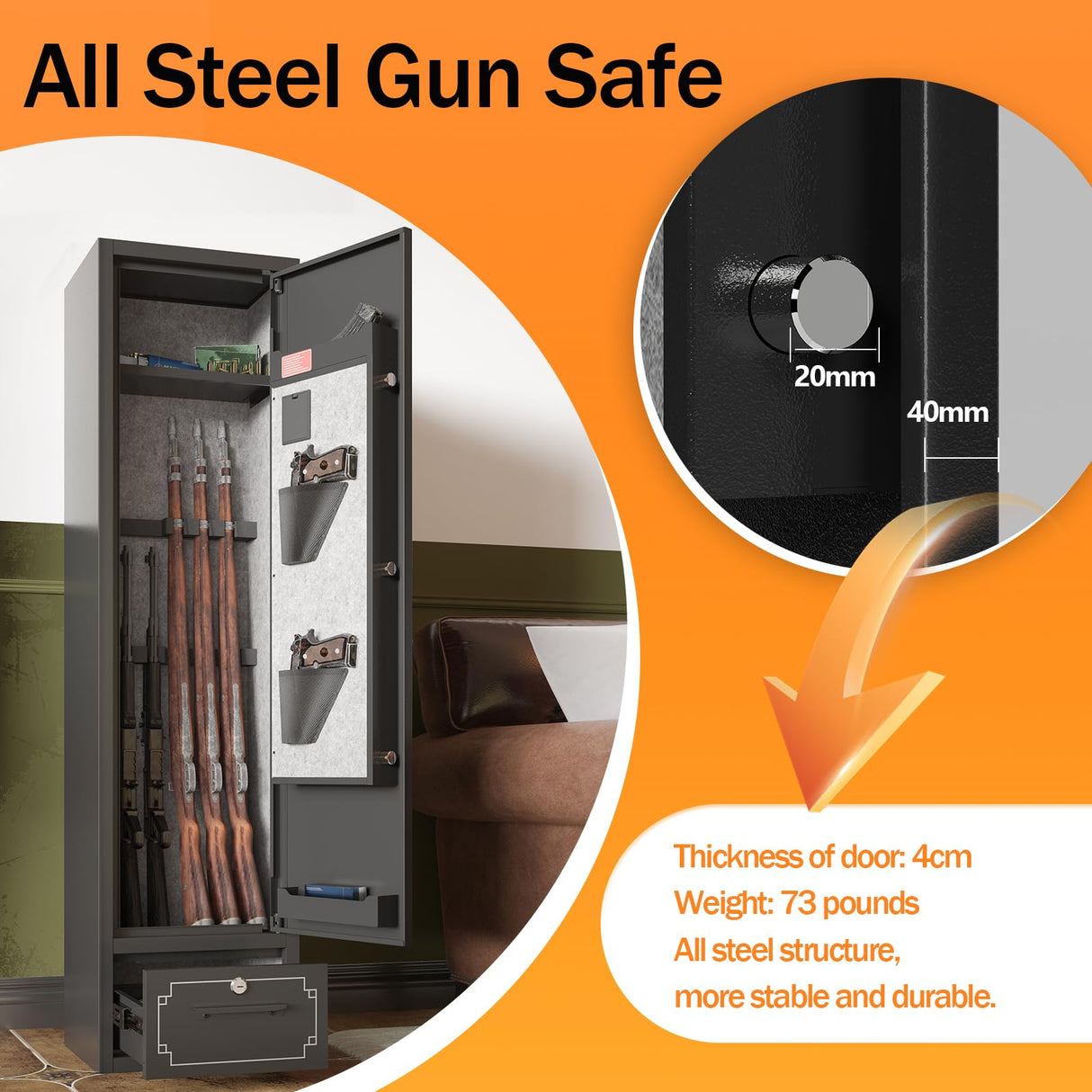 KAER 5-6 Gun Safe,Gun Safes for Rifle and Pistols,Gun Cabinets,Rifle Safe,Gun Safes for Rifle and Shotguns,Gun Safes & Cabinets with Drawer,Indoor Gun Rack,Removable Shelf (L) KAER