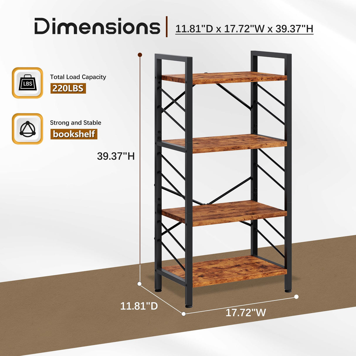 DurayLoly 4 Tier Bookshelf, Industrial Bookcase with Metal Frame and Sidebars, Small Bookshelf for Bedroom, Home Office and Living Room, Rustic Brown DurayLoly
