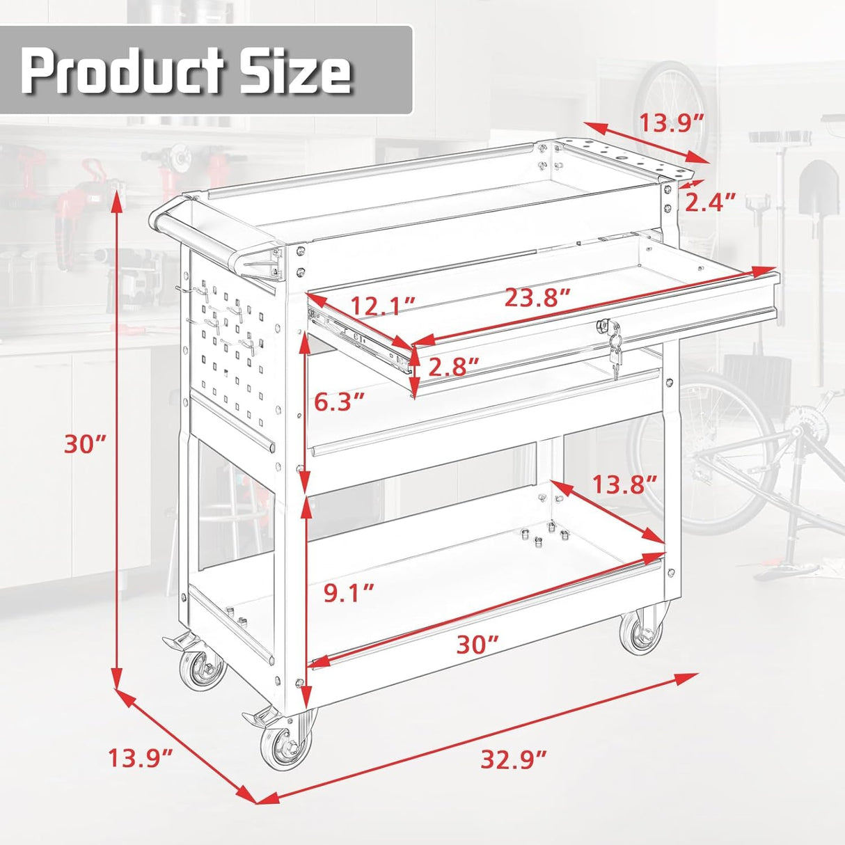 Pelnuies 3 Tray Tool Cart with Drawers, 400 LBS Capacity Rolling Tool Cart on Wheels, Heavy Duty Utility Cart with Pegboard, Mechanic Tool Storage Cart for Garage, Warehouse and Repair Shop, Red Pelnuies