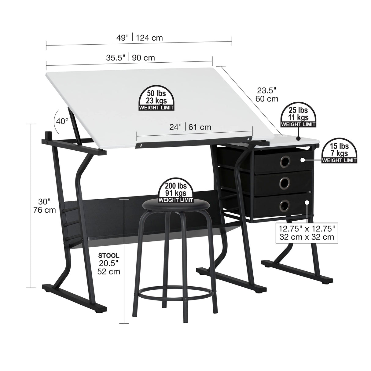 SD Studio Designs 2 Piece Eclipse Ultra Center/Drawing Table with Stool, Angle Adjustable Top, Storage Shelves, and Drawers SD STUDIO DESIGNS