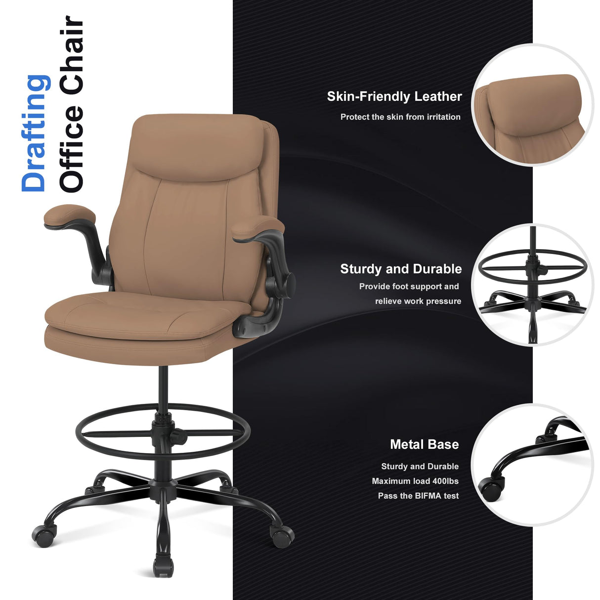 Misolant Tall Office Chair, Drafting Chair for Standing Desk, High Desk Chair with Adjustable Height and Flip-up Arm, Leather Office Drafting Chair, High Office Chair for Counter Height Desk Misolant