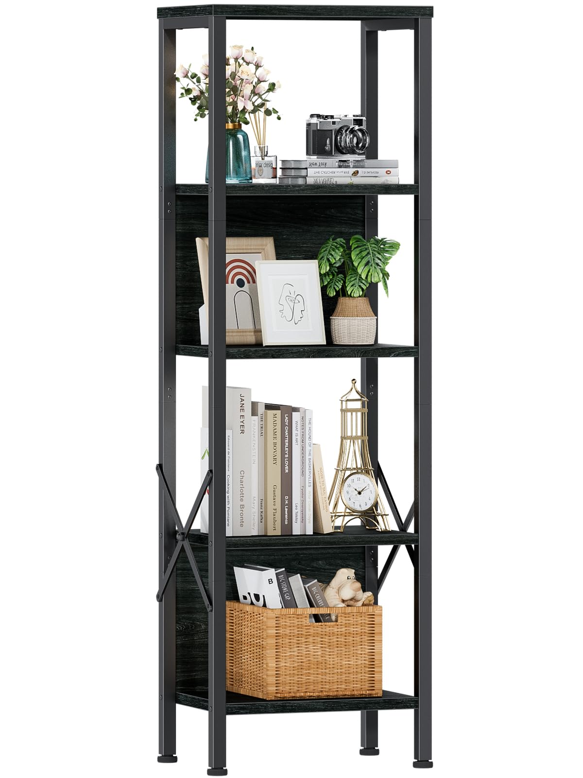 Furologee 5 Tier Tall Bookshelf with Back, Industrial Narrow Bookcase, Display Standing Shelf Units, Metal and Wood Storage Corner Shelves Organizer for Bedroom, Living Room, Entryway, Kitchen, Black Furologee