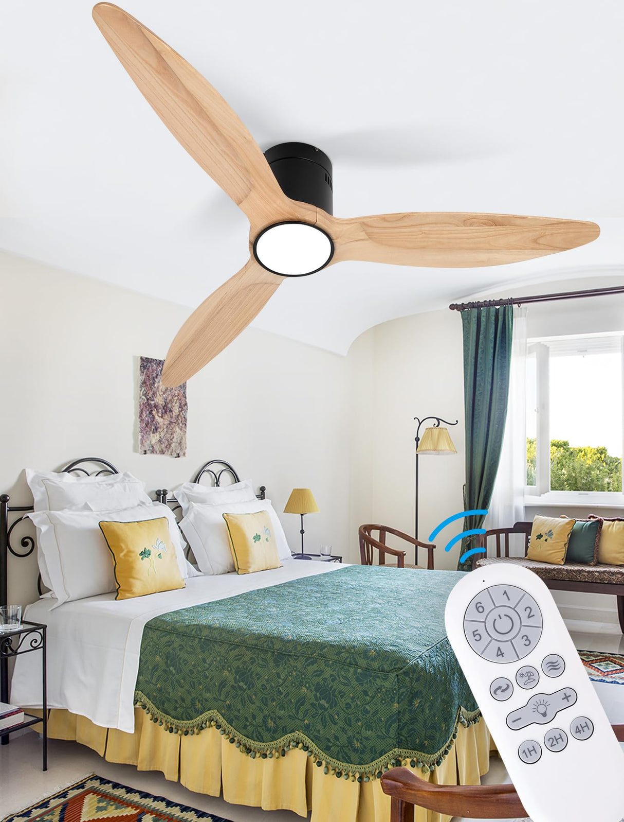 OUATER Wood Flush Mount Ceiling Fan with Light,52 inch Low Profile Modern Ceiling Fans for Outdoor/Patios/Bedroom/Office,3 color light,6 Speed,DC Motor,Wood and Modern Matte Black OUATER