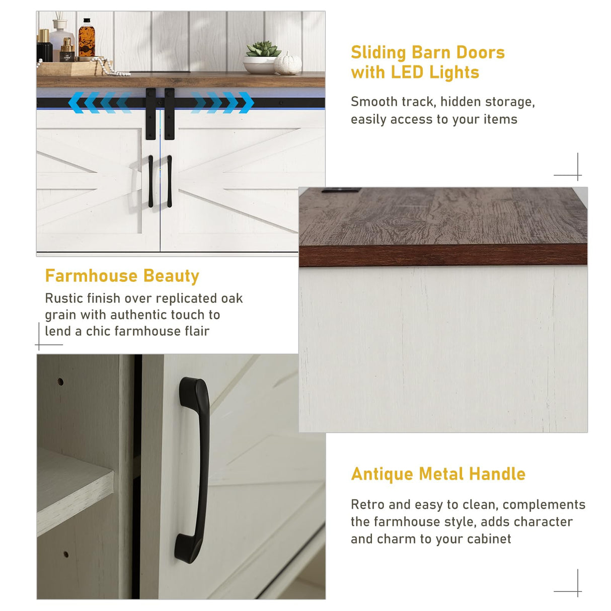 63" Farmhouse Dresser w/6 Drawers,60000-color Led Lights,Outlet, Large Chest of Drawers w/Sliding Barn Doors,Adjust Shelves,White Dresser TV Stand for 65/70in TV for Bedroom, Living Room chartustriable